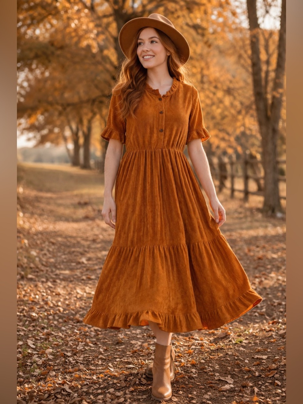 Ces Femme Rust Corduroy Midi Dress Ruffle Boho Prairie Kentucky Derby Style